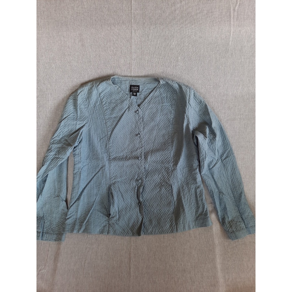 Eileen Fisher Women's Petite Medium Crinkled Buttons Top Blouse LS V-Neck Silk